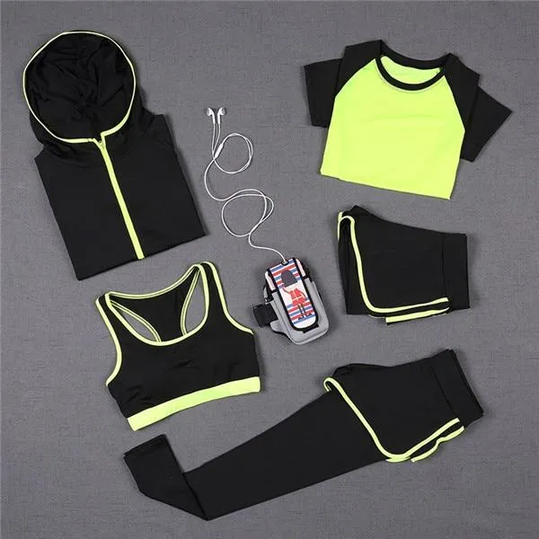 5 PCS Women Yoga Set for Running T-Shirt Tops Sports Bra Vest Fitness Pants Short sleeve Shorts Pant Gym Workout Sports Suit Set