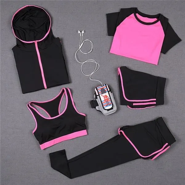 5 PCS Women Yoga Set for Running T-Shirt Tops Sports Bra Vest Fitness Pants Short sleeve Shorts Pant Gym Workout Sports Suit Set