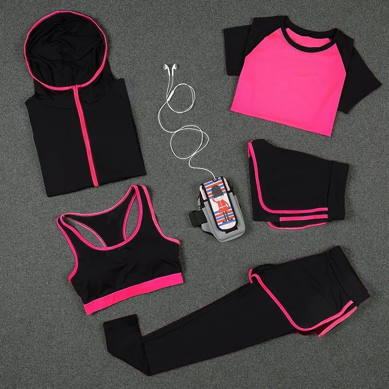 5 PCS Women Yoga Set for Running T-Shirt Tops Sports Bra Vest Fitness Pants Short sleeve Shorts Pant Gym Workout Sports Suit Set