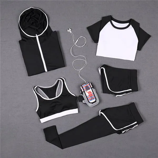 5 PCS Women Yoga Set for Running T-Shirt Tops Sports Bra Vest Fitness Pants Short sleeve Shorts Pant Gym Workout Sports Suit Set