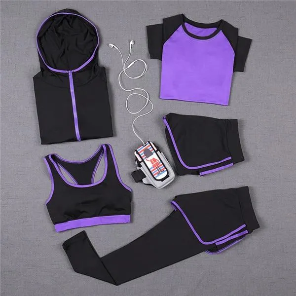 5 PCS Women Yoga Set for Running T-Shirt Tops Sports Bra Vest Fitness Pants Short sleeve Shorts Pant Gym Workout Sports Suit Set