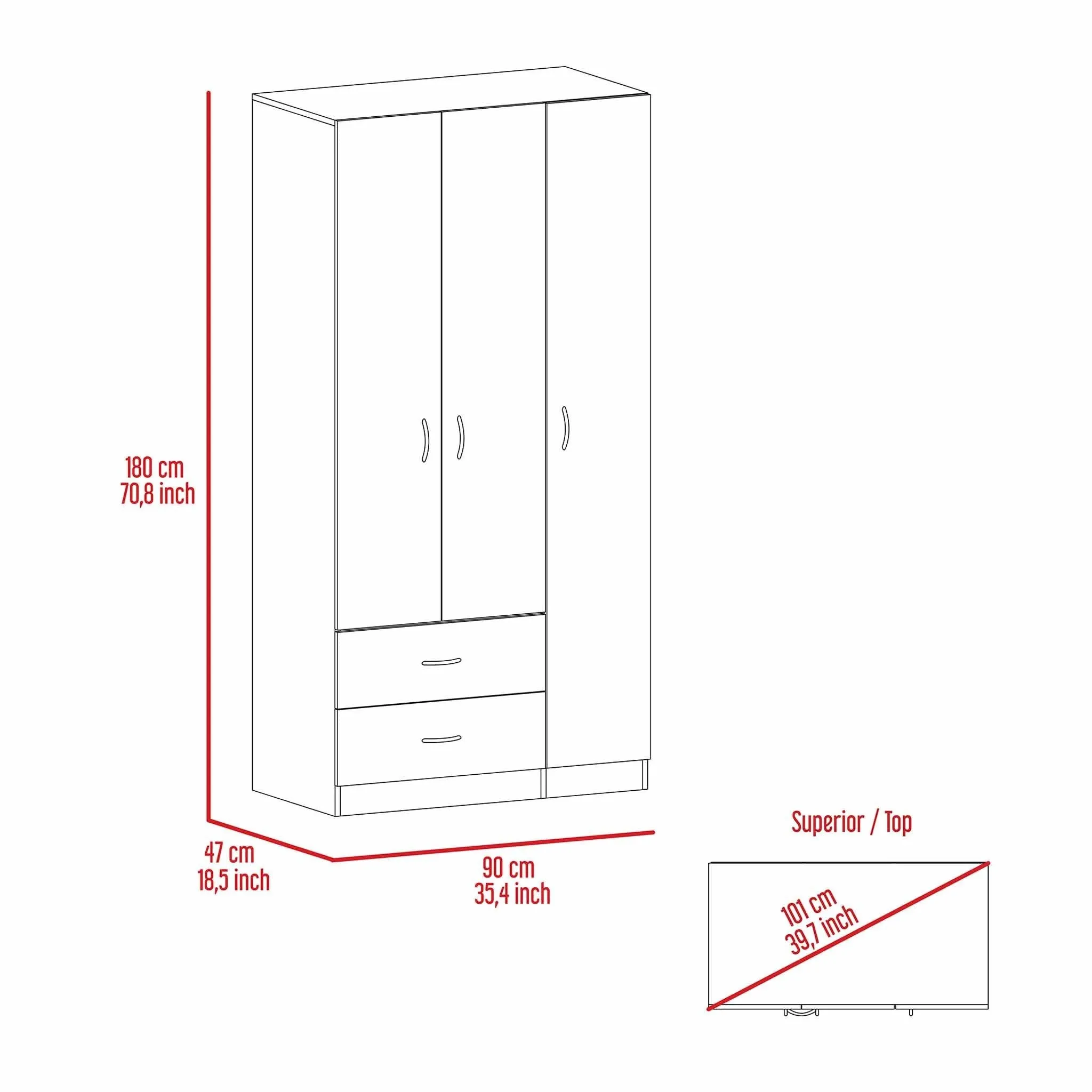 Austral 3 Door Armoire with Drawers, Shelves, and Hanging Rod -White