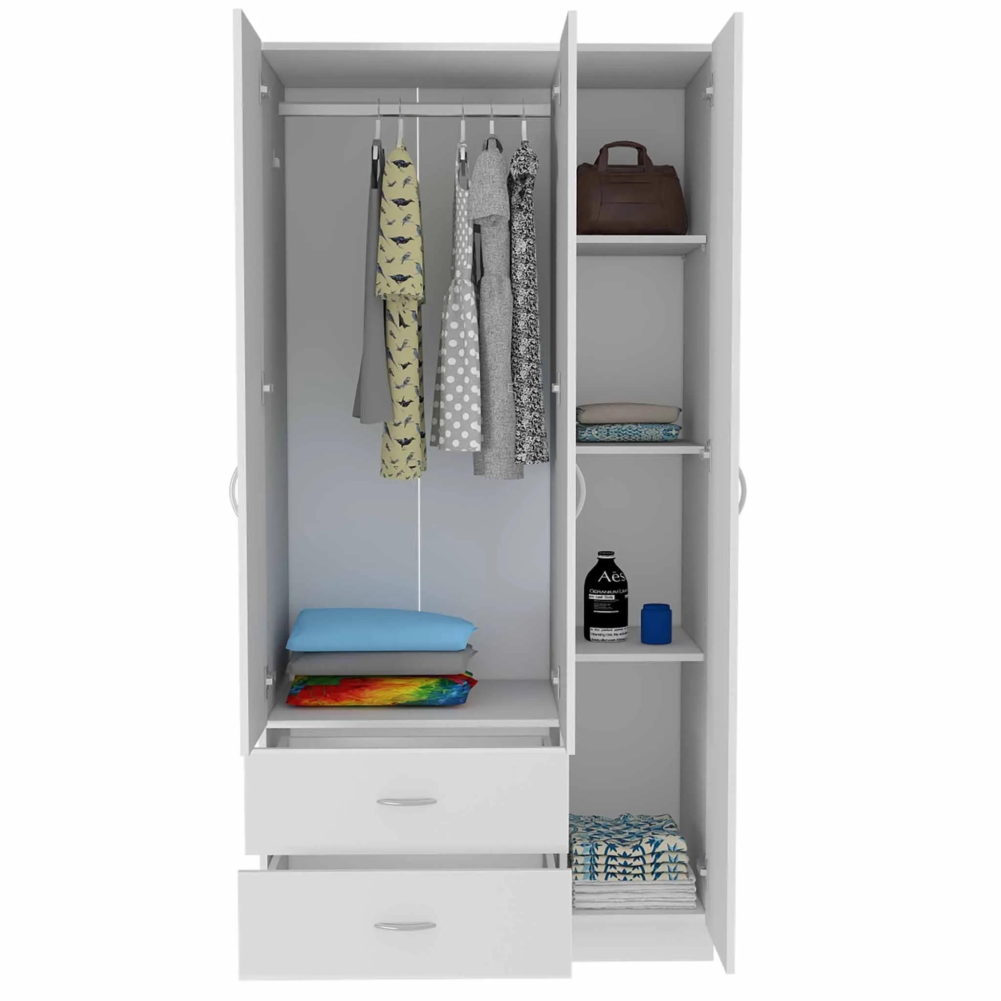 Austral 3 Door Armoire with Drawers, Shelves, and Hanging Rod -White