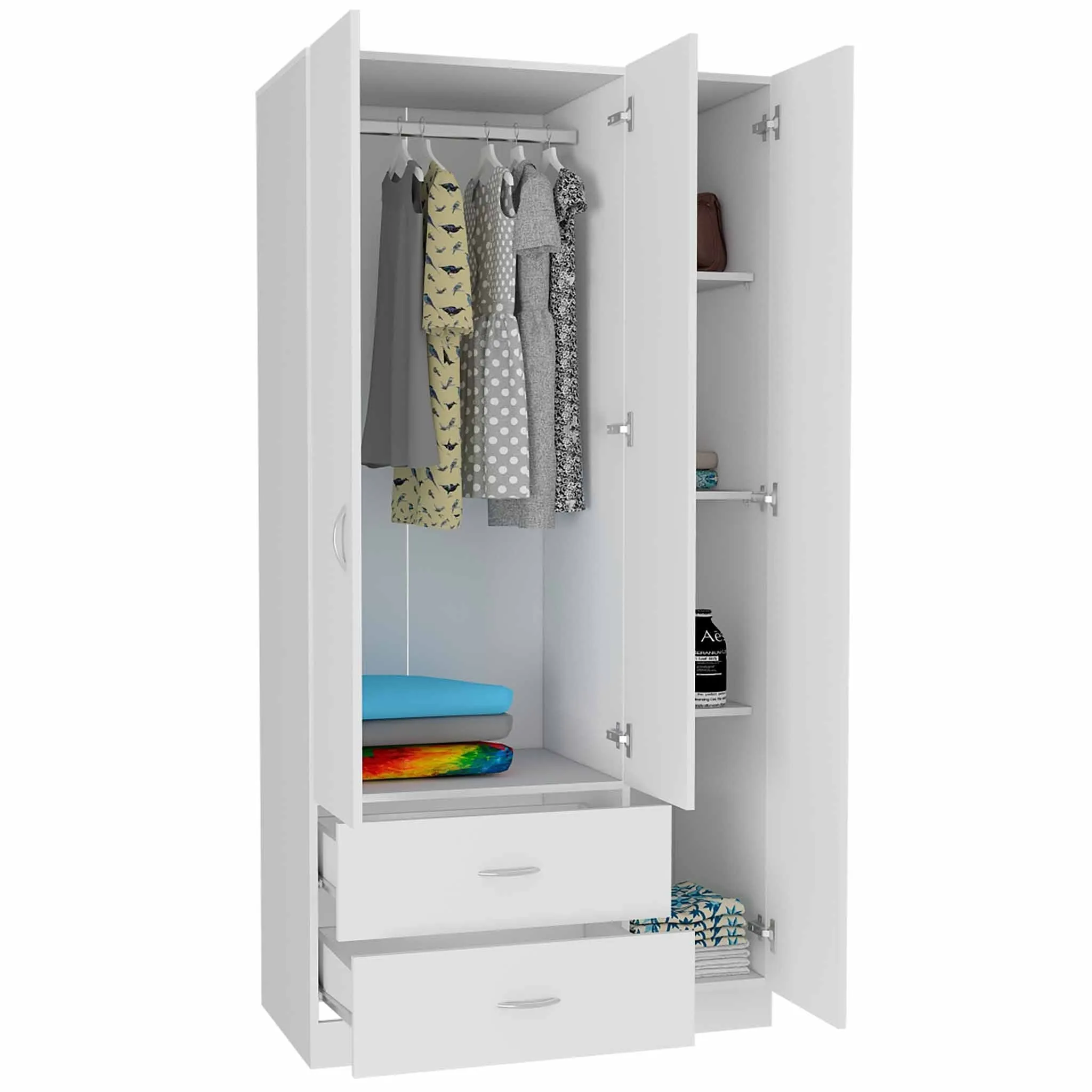 Austral 3 Door Armoire with Drawers, Shelves, and Hanging Rod -White