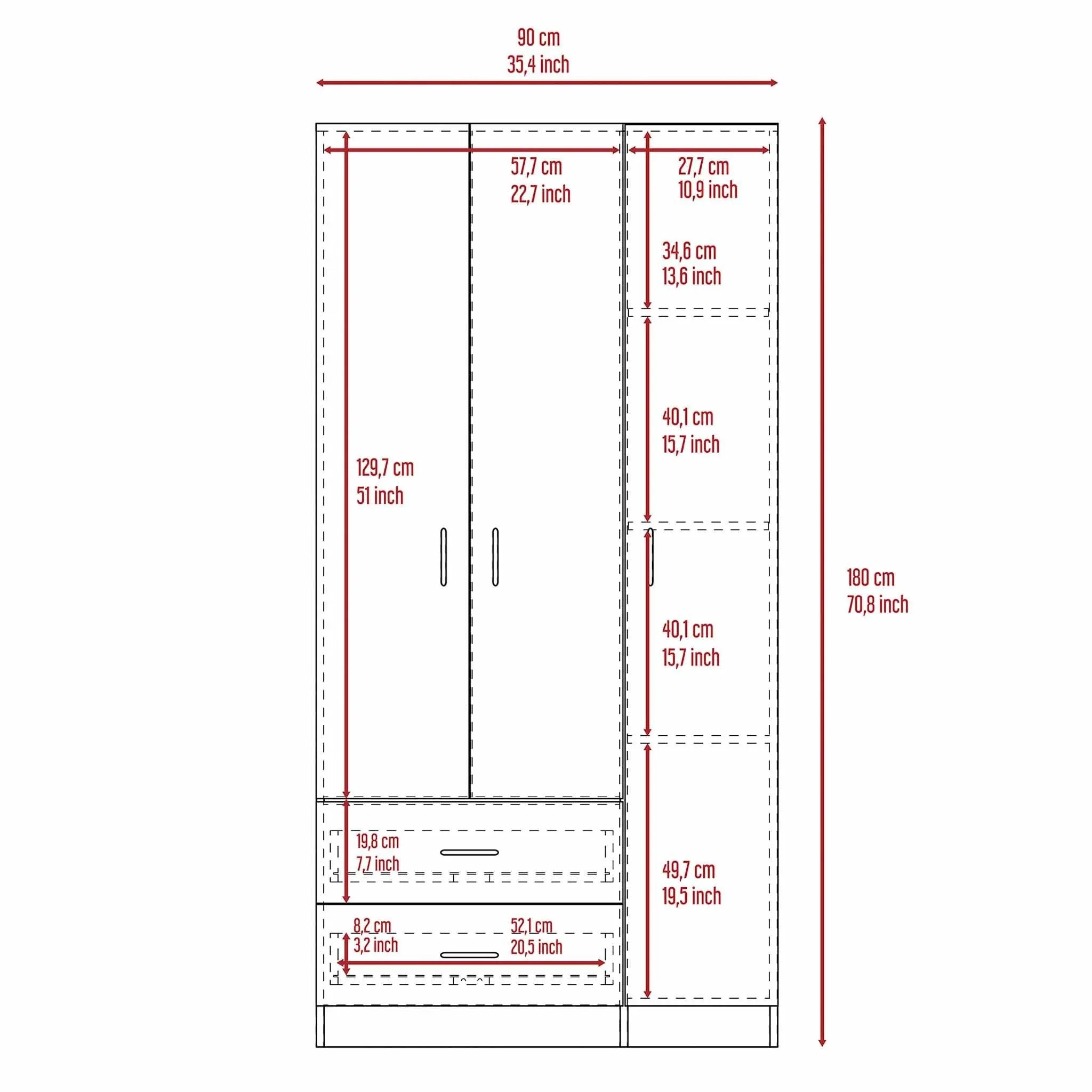 Austral 3 Door Armoire with Drawers, Shelves, and Hanging Rod -White