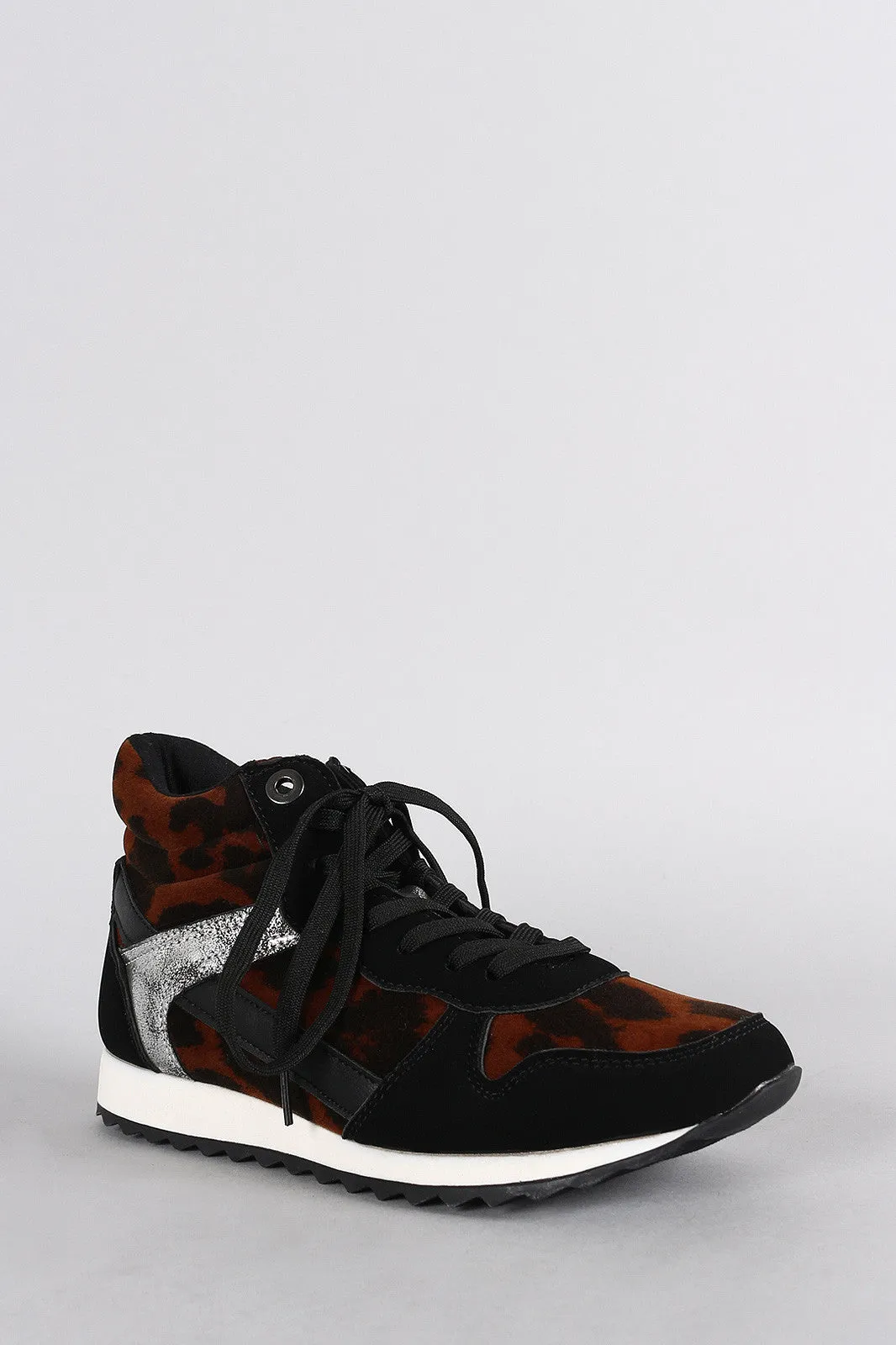 Bamboo Leopard Round Toe High Top Lace Up Sneaker