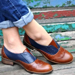 Bespoke Genuine Two Tone Leather Laceless Brogue Wingtip Slip On Womens Oxford Fashion Shoes