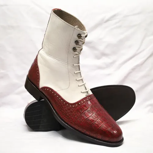 Bespoke Handmade Boots, Goodyear Premium Quality Burgundy Crocodile Texture Leather & White Leather Boots, Lace Up Boots Mens and Womens Boots