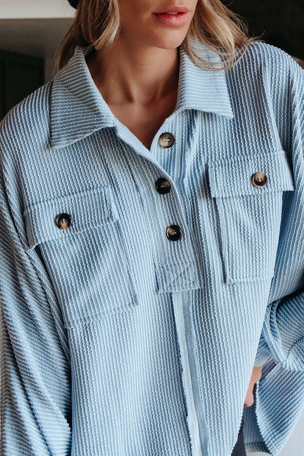 Blue Half Button Up Ribbed Pullover