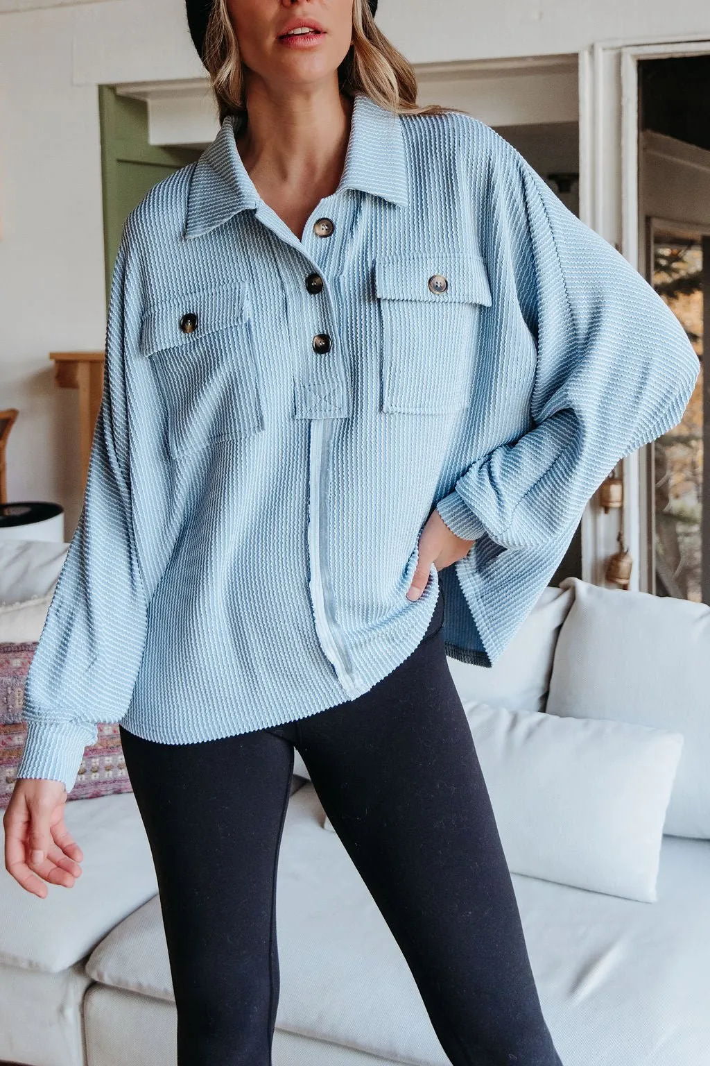 Blue Half Button Up Ribbed Pullover