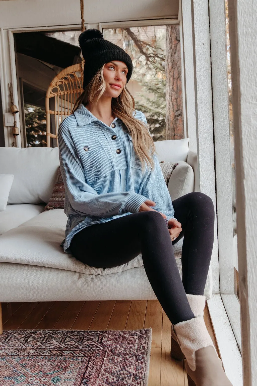 Blue Half Button Up Ribbed Pullover