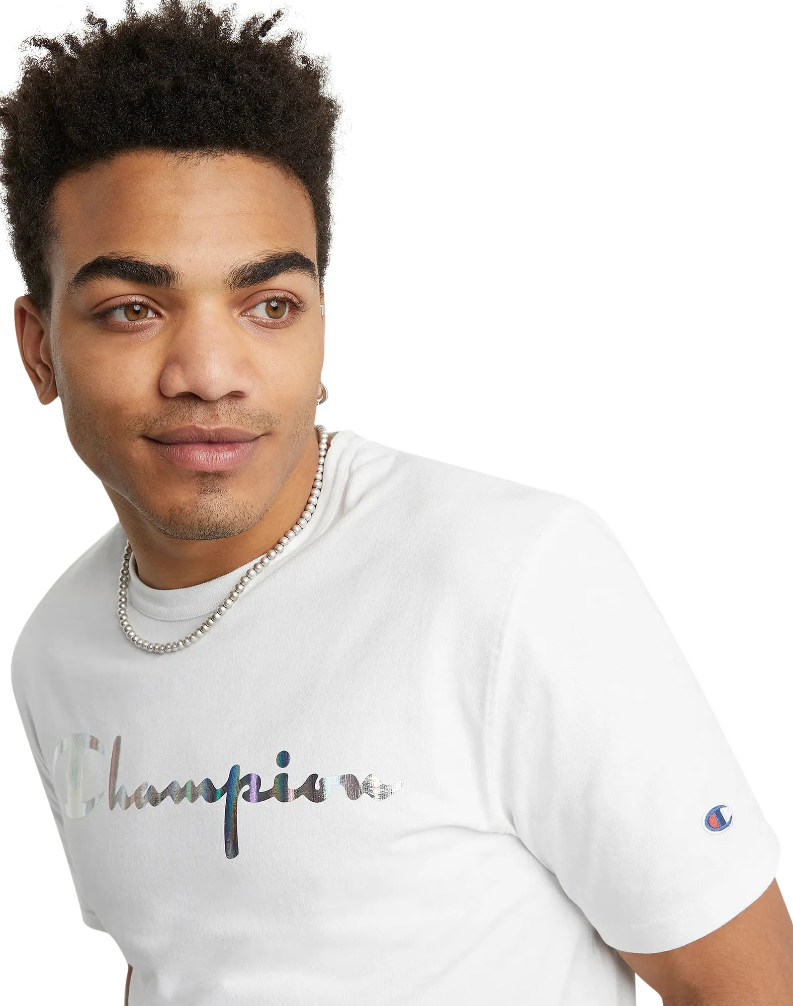 Champion Men's Heritage T-Shirt Irridescent Rainbow Foil Script Logo