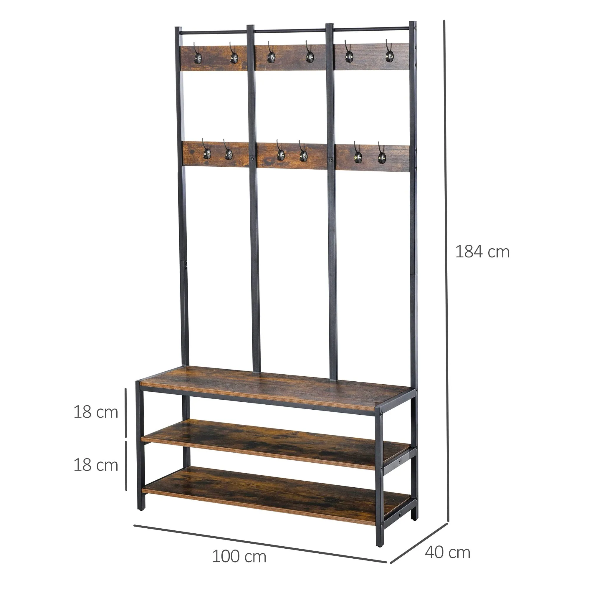 Coat Rack Stand, Free Standing Hall Tree, Coat Stand with Hooks, Bench and Shoe Rack, 100cm x 40cm x 184cm, Industrial Style, Rustic Brown and Black 3 in 1 Design Metal