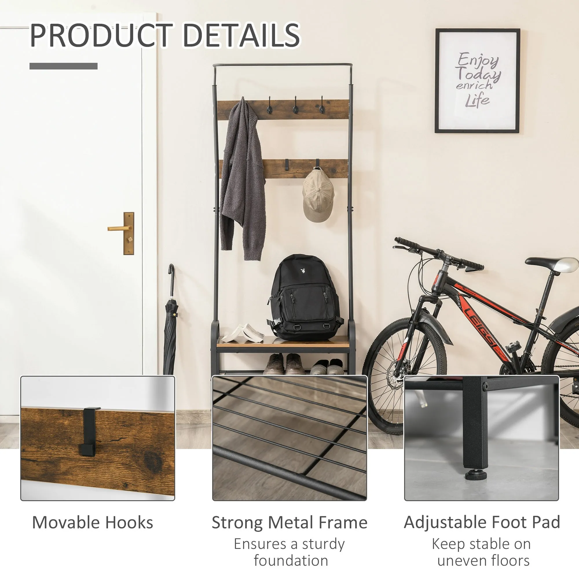 Coat Rack Stand Industrial hallway Shoe Rack Removable Hooks Metal Wood Hangers Storage Cabinet Rustic Brown 72L×34W×185Hcm