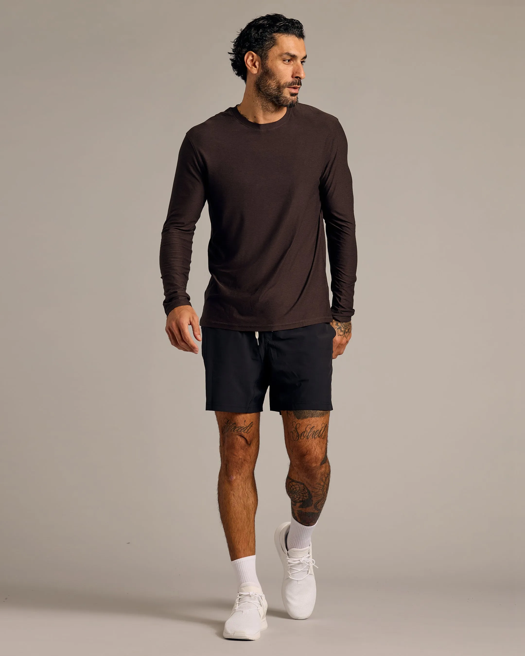 Dark Heather Cocoa Active Long Sleeve Crew T-Shirt