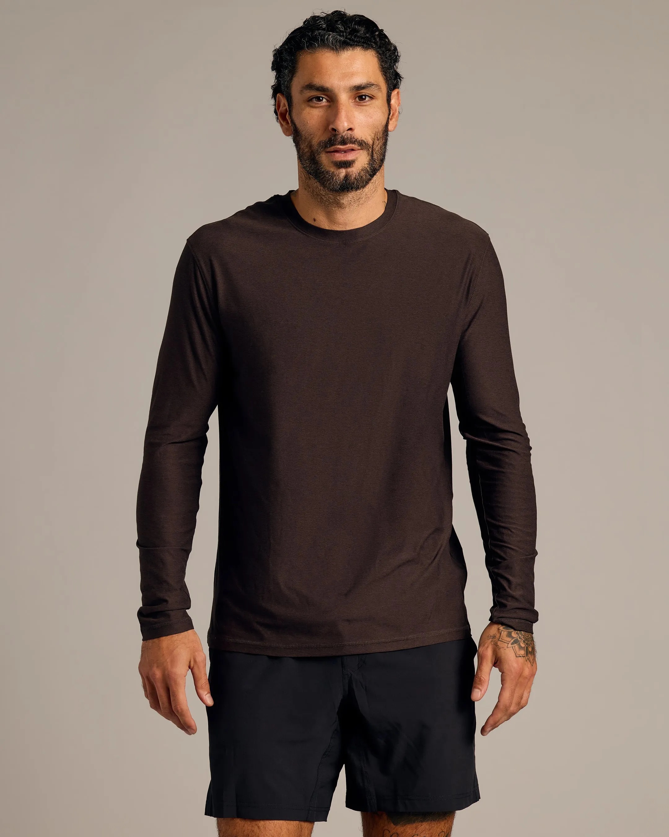 Dark Heather Cocoa Active Long Sleeve Crew T-Shirt