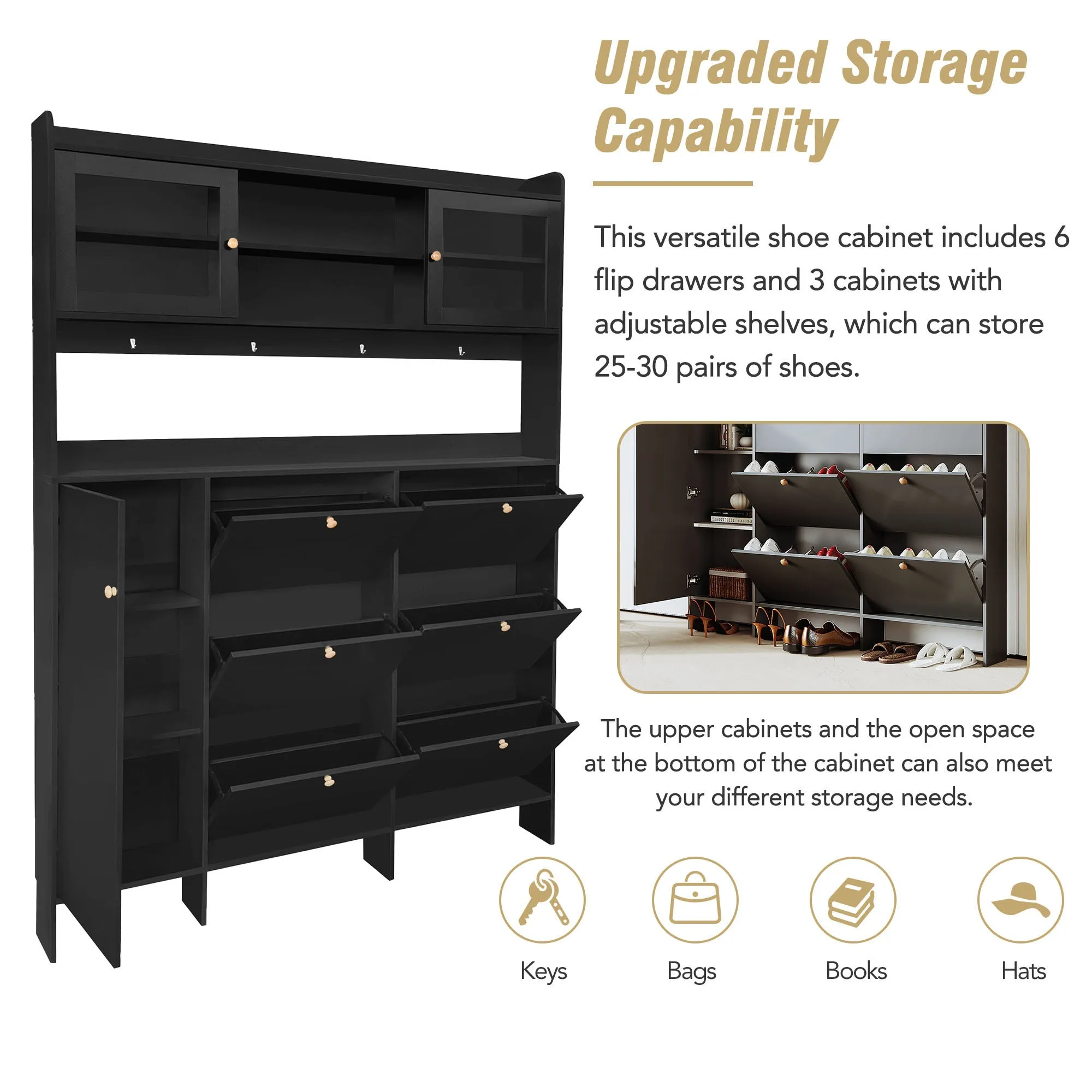 Felix II Multifunctional Shoe Cabinet with Open Storage Platform - Black