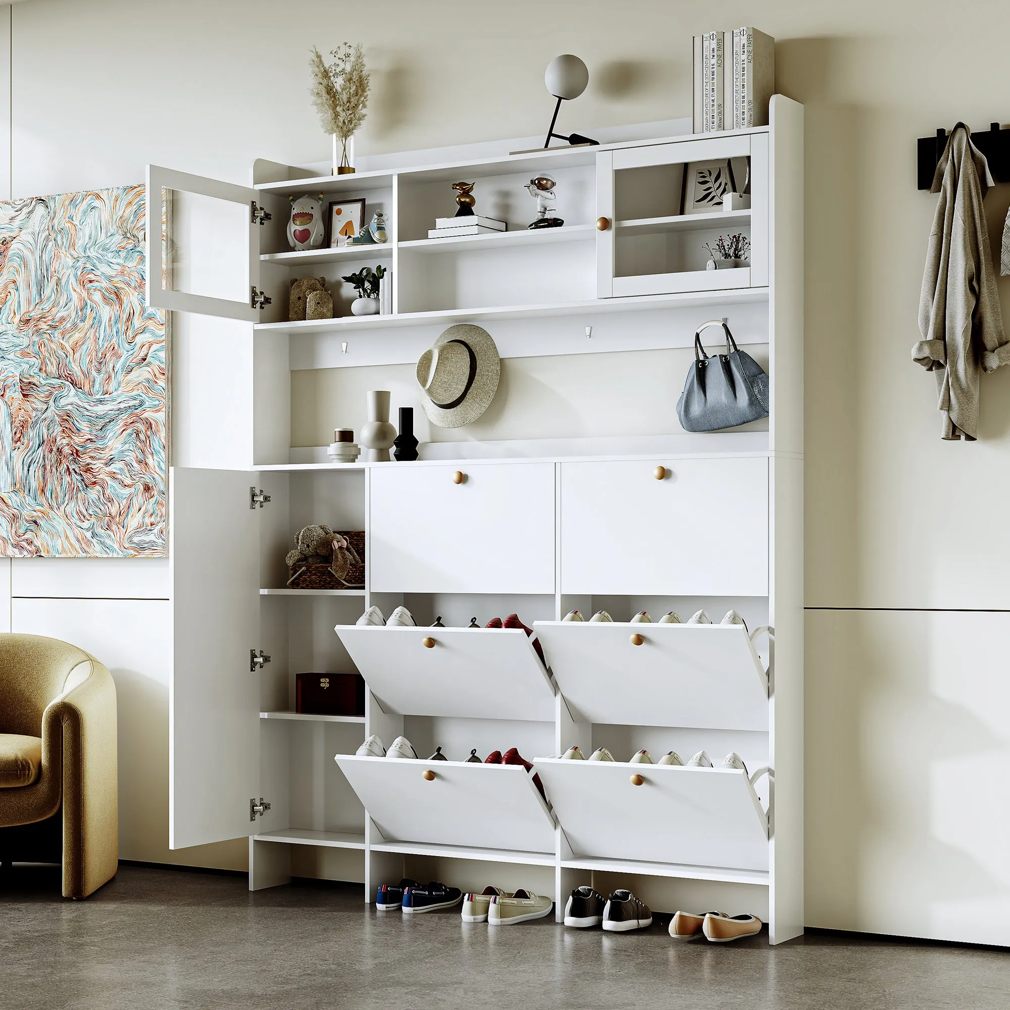 Felix II Multifunctional Shoe Cabinet with Open Storage Platform - White