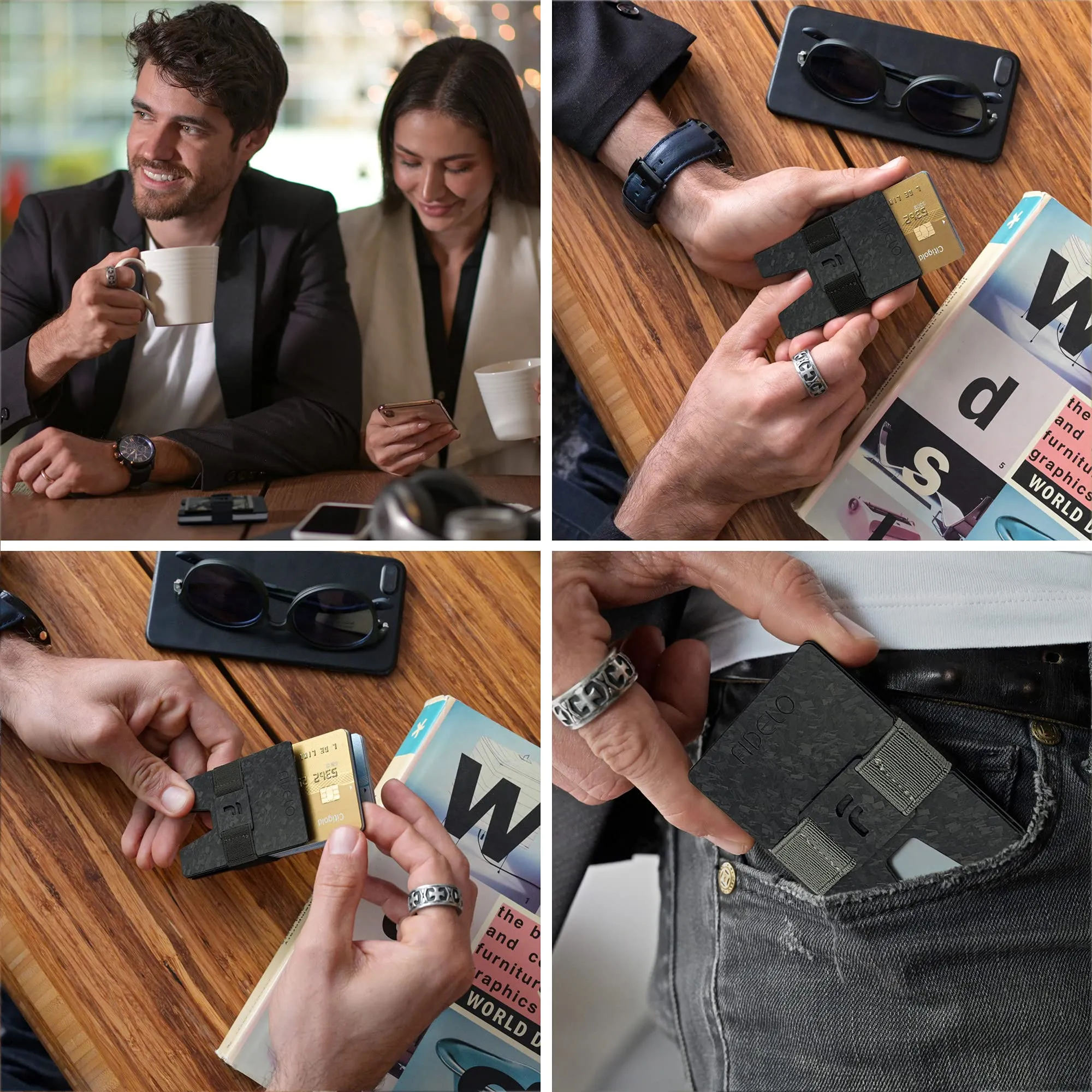 Fidelo Carbon Fiber Minimalist Wallet  Slim RFID Credit Card Holder Money Clip