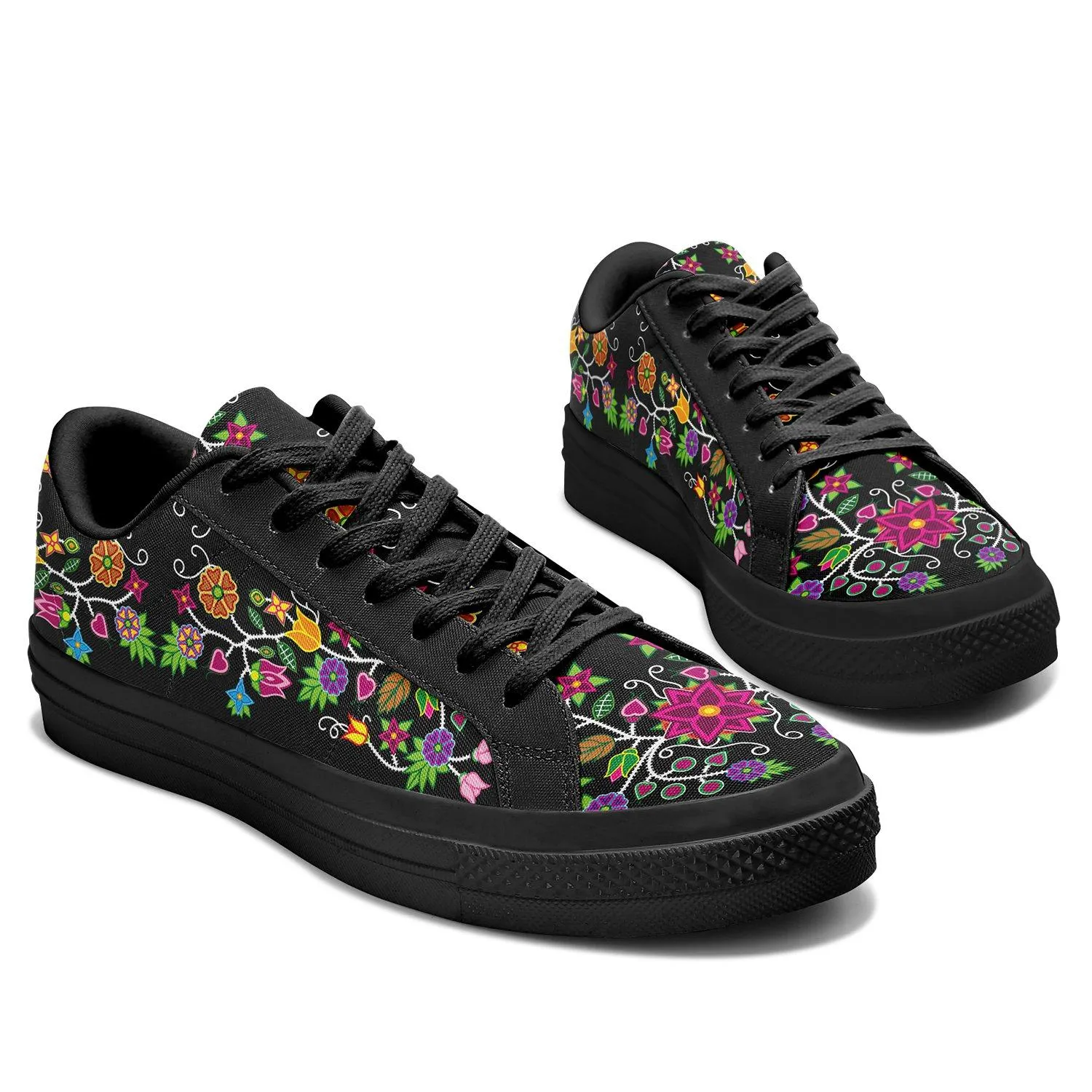 Floral Beadwork - 01 Aapisi Low Top Canvas Shoes Black Sole