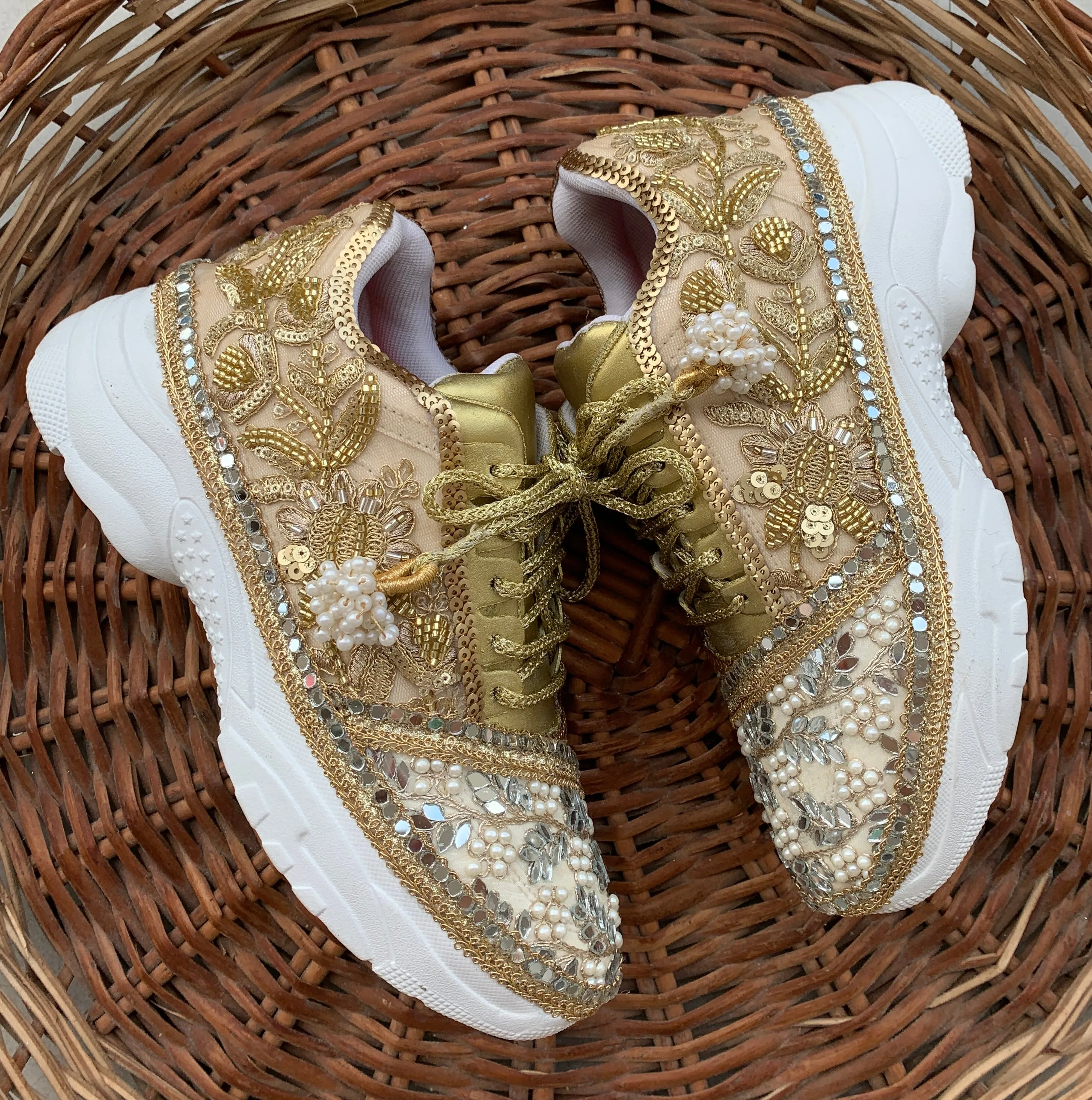 Funky N Trendy hand crafted golden bridal sneakers bridesmaid sneakers/ gold sneakers / golden sneakers / mirror sneakers