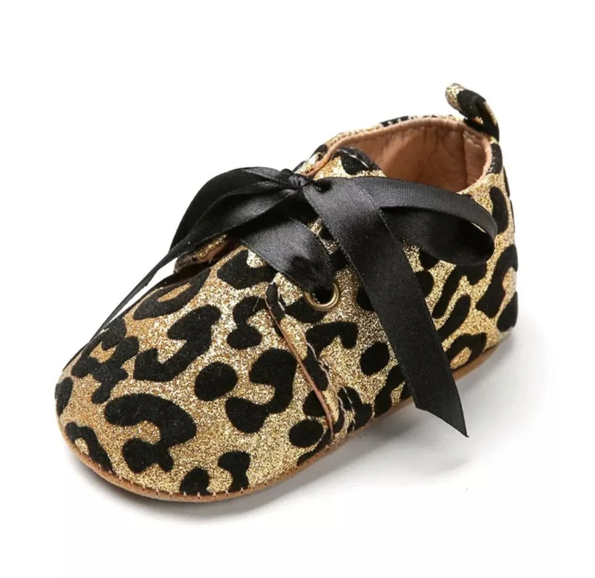 Glitterati- Gold Leopard Glitter Baby Shoes - First Walker Vegan Leaher with Velcro Straps