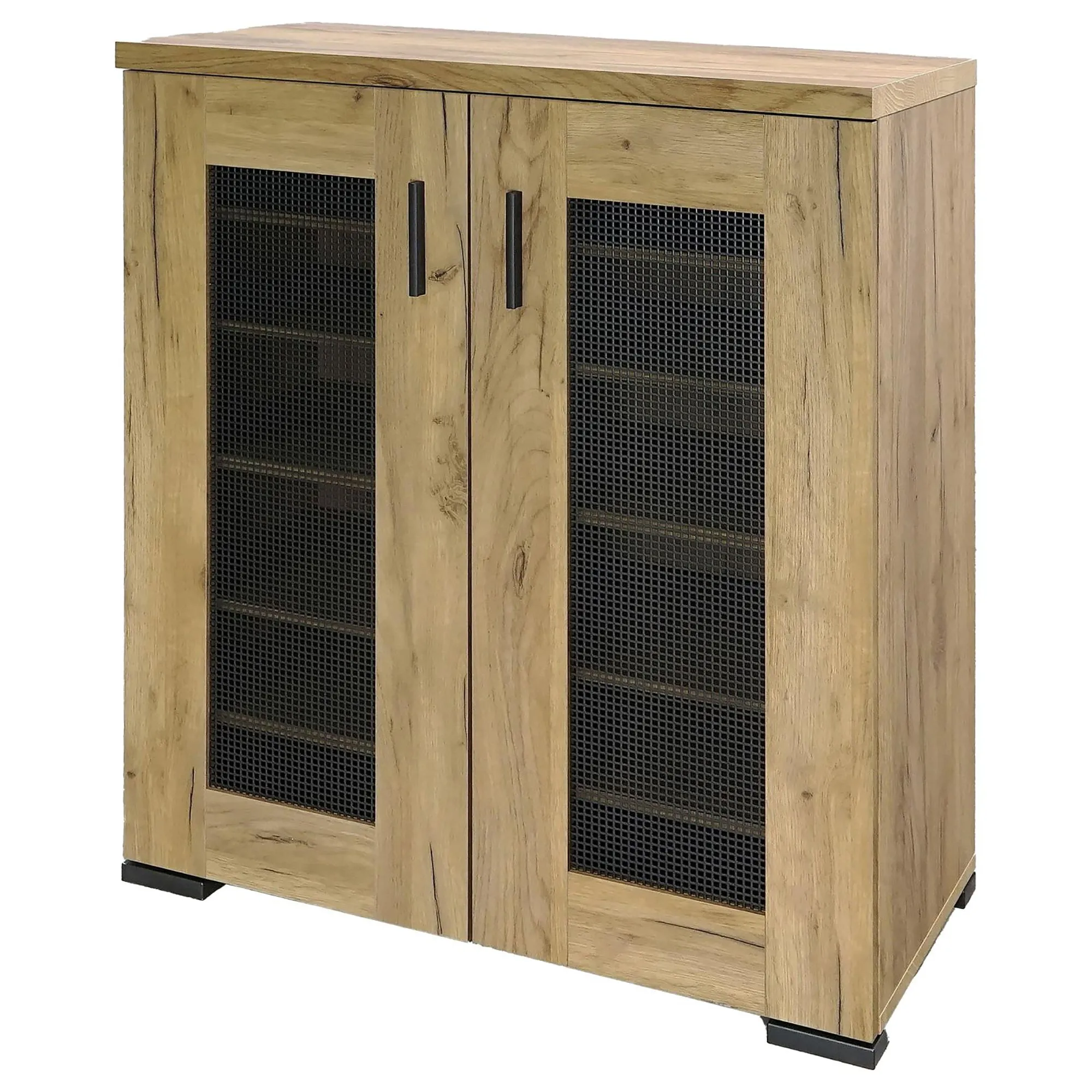 Golden Oak and Black Mesh Door Accent Cabinet