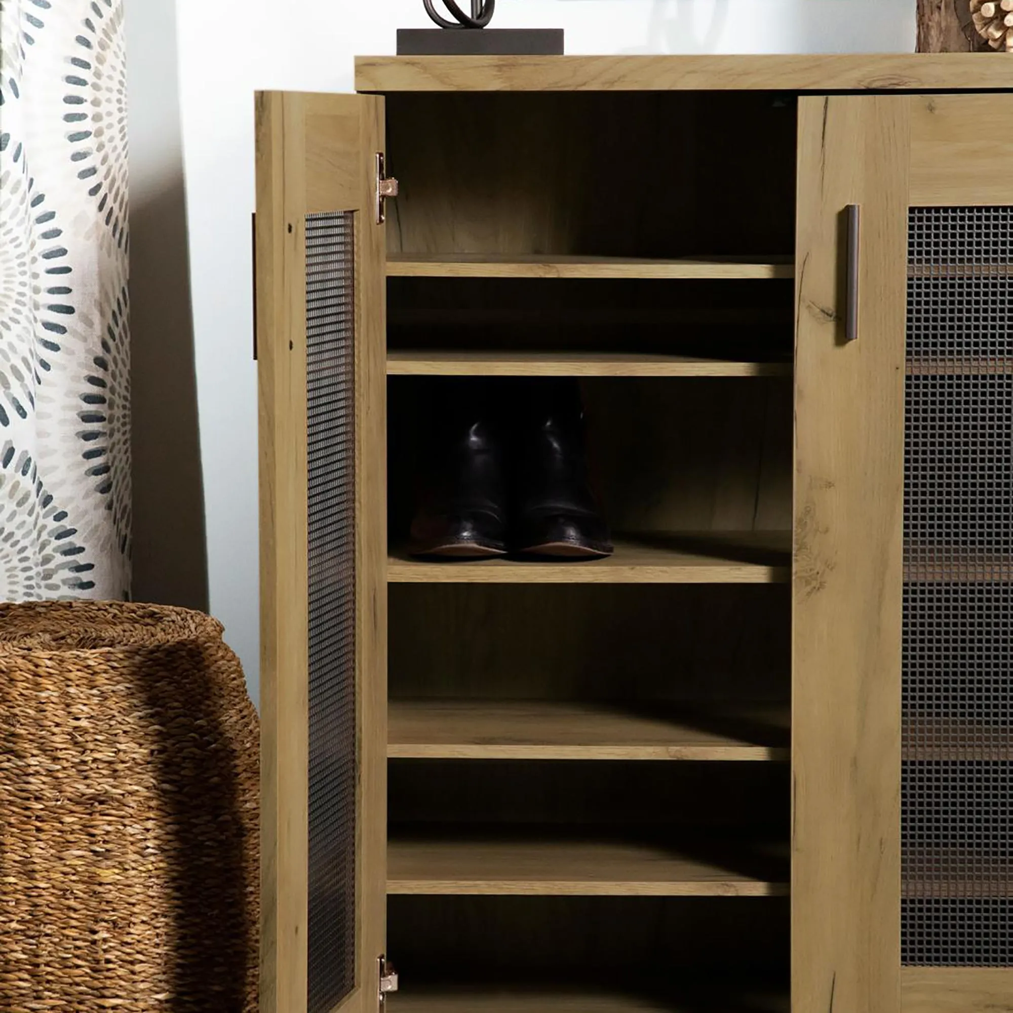 Golden Oak and Black Mesh Door Accent Cabinet