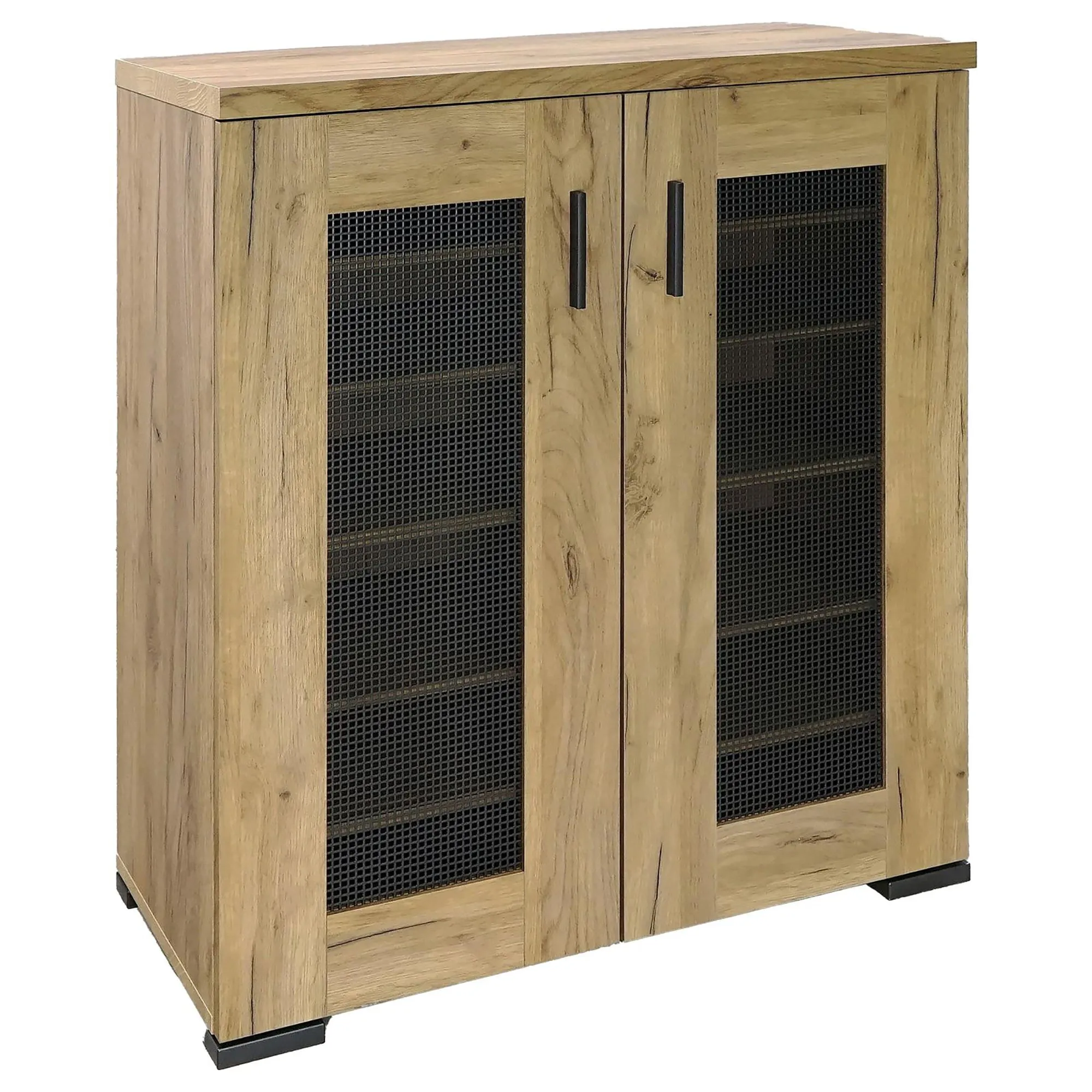 Golden Oak and Black Mesh Door Accent Cabinet