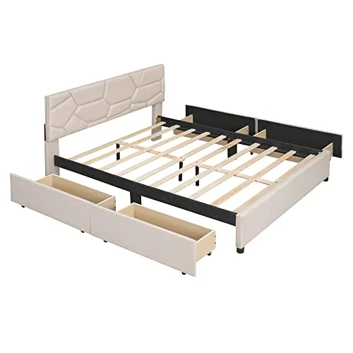 Harper & Bright Designs Upholstered Queen Platform Bed with 4 Storage Drawers, Wooden Queen Bed Frame with Brick Pattern Headboard, Queen Size Bed for Bedroom, Linen Fabric, Beige