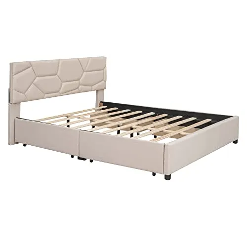 Harper & Bright Designs Upholstered Queen Platform Bed with 4 Storage Drawers, Wooden Queen Bed Frame with Brick Pattern Headboard, Queen Size Bed for Bedroom, Linen Fabric, Beige