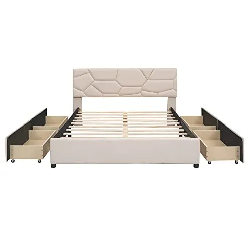 Harper & Bright Designs Upholstered Queen Platform Bed with 4 Storage Drawers, Wooden Queen Bed Frame with Brick Pattern Headboard, Queen Size Bed for Bedroom, Linen Fabric, Beige