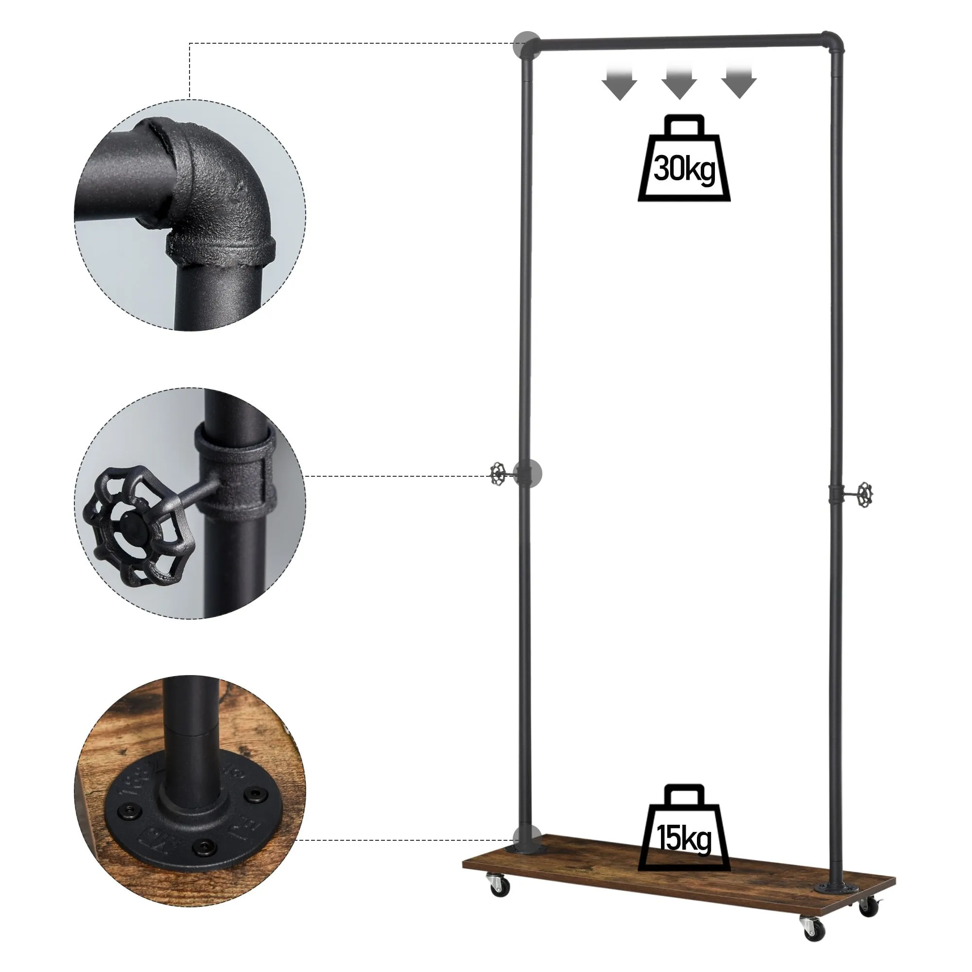 Industrial Pipe Clothing Rack on Wheels, Rolling Garment Rack with Storage Shelf Hooks for Hanging Coat, Rustic Brown and Black Rack, Clothes Organizer Wheels Clothes