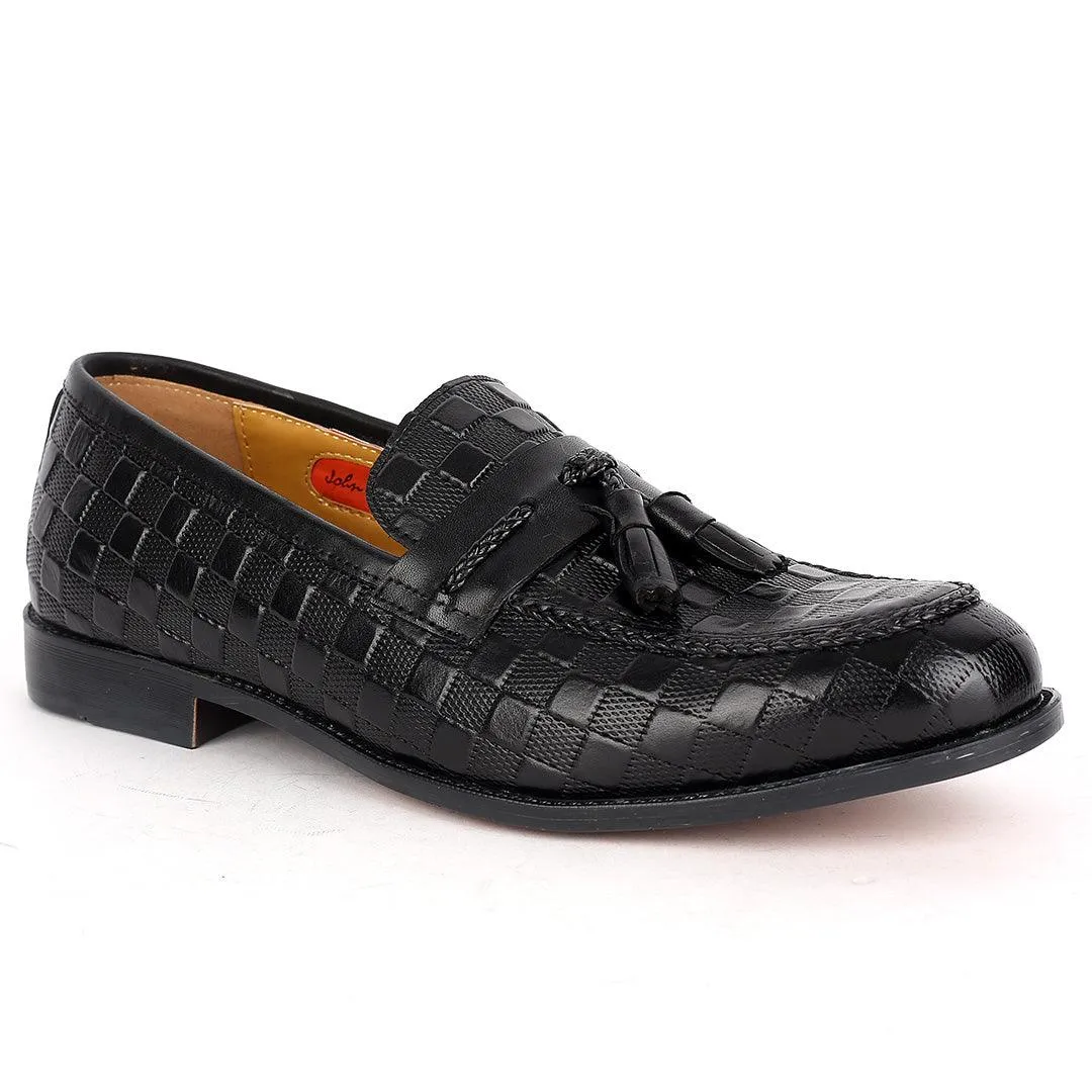 John Foster  Full Checkered Leather Belt Tassels Designed-Black