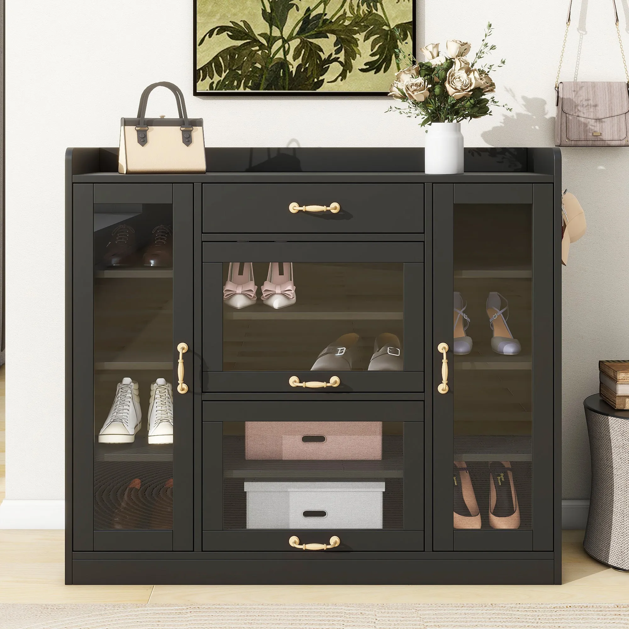 Karo Side Cabinet with 4 Glass Doors - Black