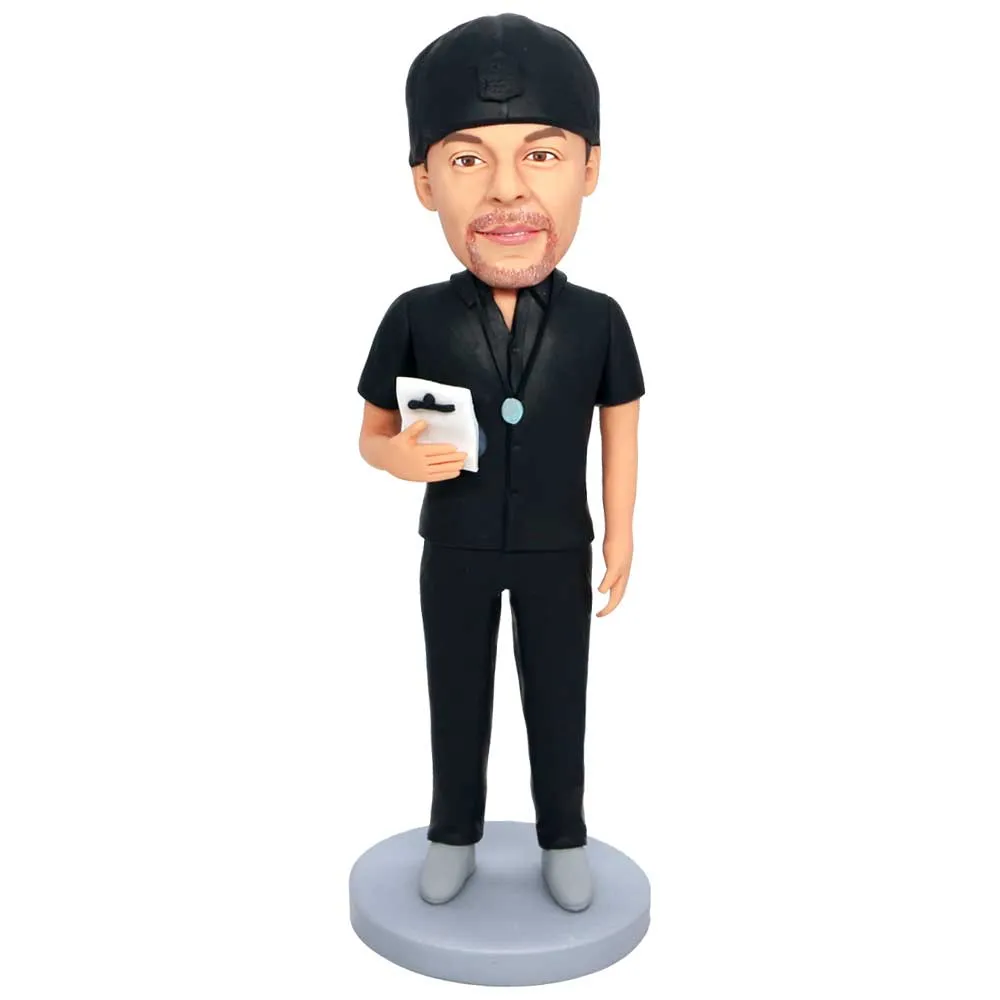 Male Football Coach In Black Short Sleeves Custom Figure Bobbleheads