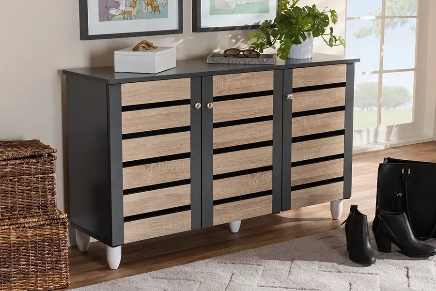 Margaret Two-Tone Oak/Dark Gray 3-Door Shoe Storage Cabinet