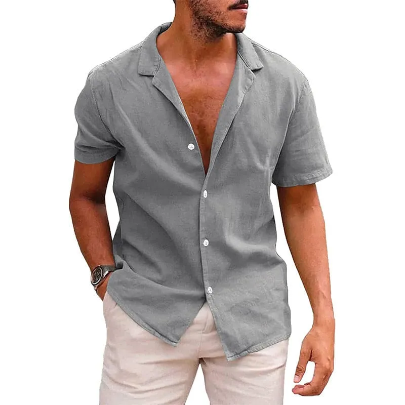 Men Lapel Collar Button Up Linen Short Sleeve Shirt