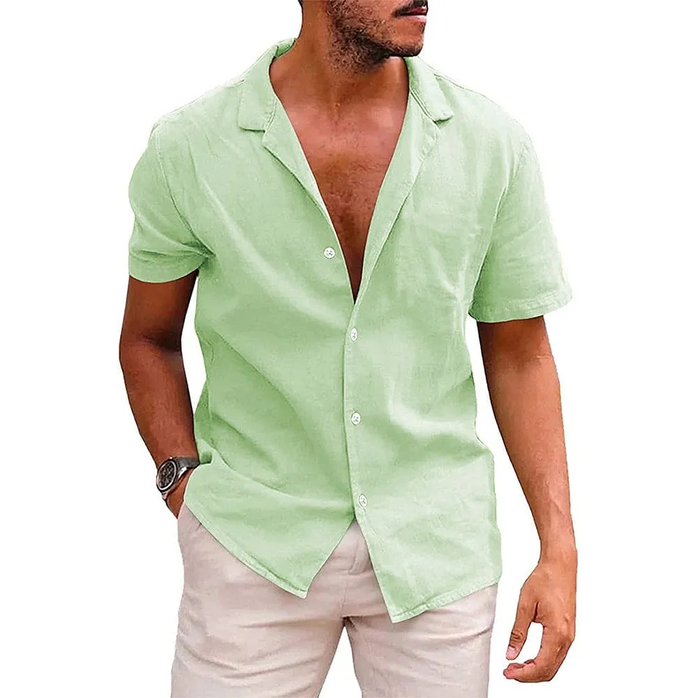 Men Lapel Collar Button Up Linen Short Sleeve Shirt