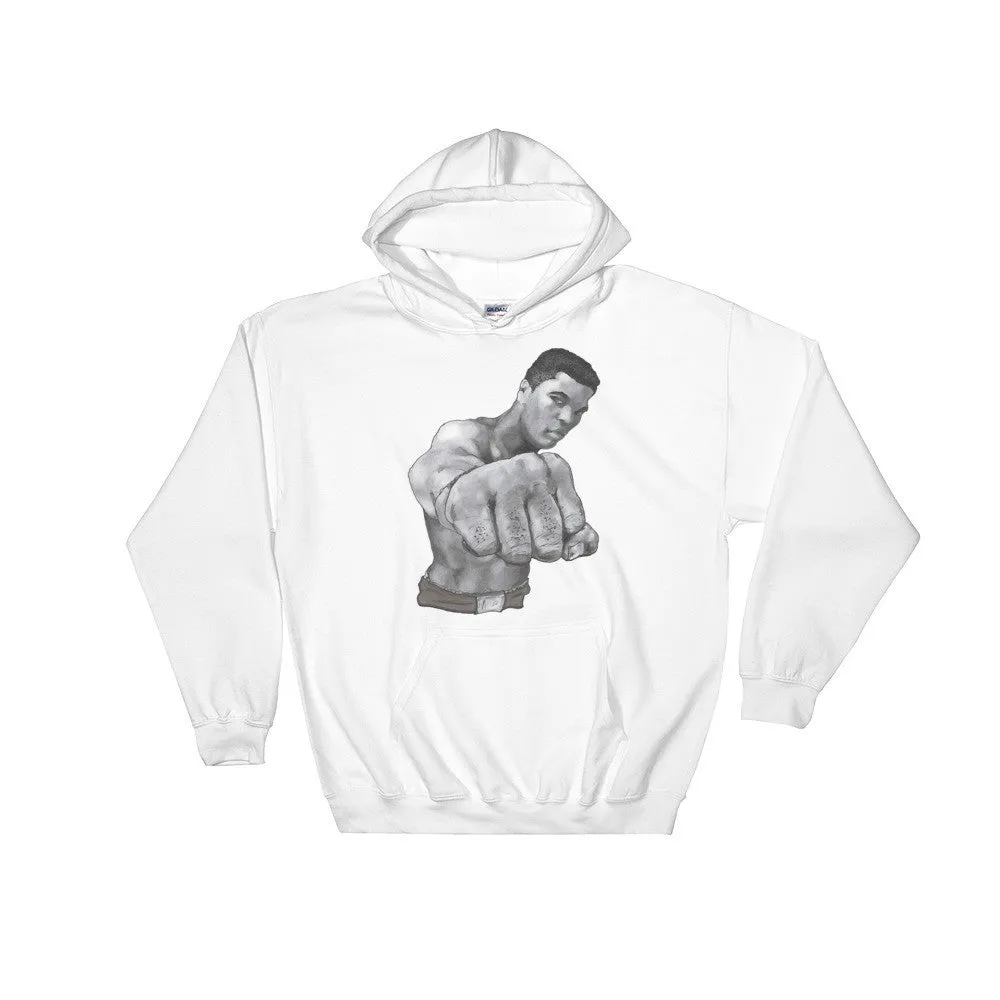 Mo Ali Fist Perspective Hooded Sweatshirt illustrated By Robert Bowen