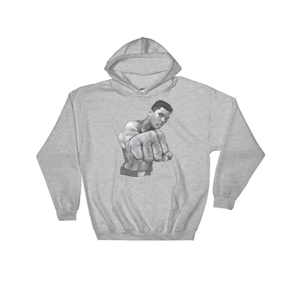 Mo Ali Fist Perspective Hooded Sweatshirt illustrated By Robert Bowen