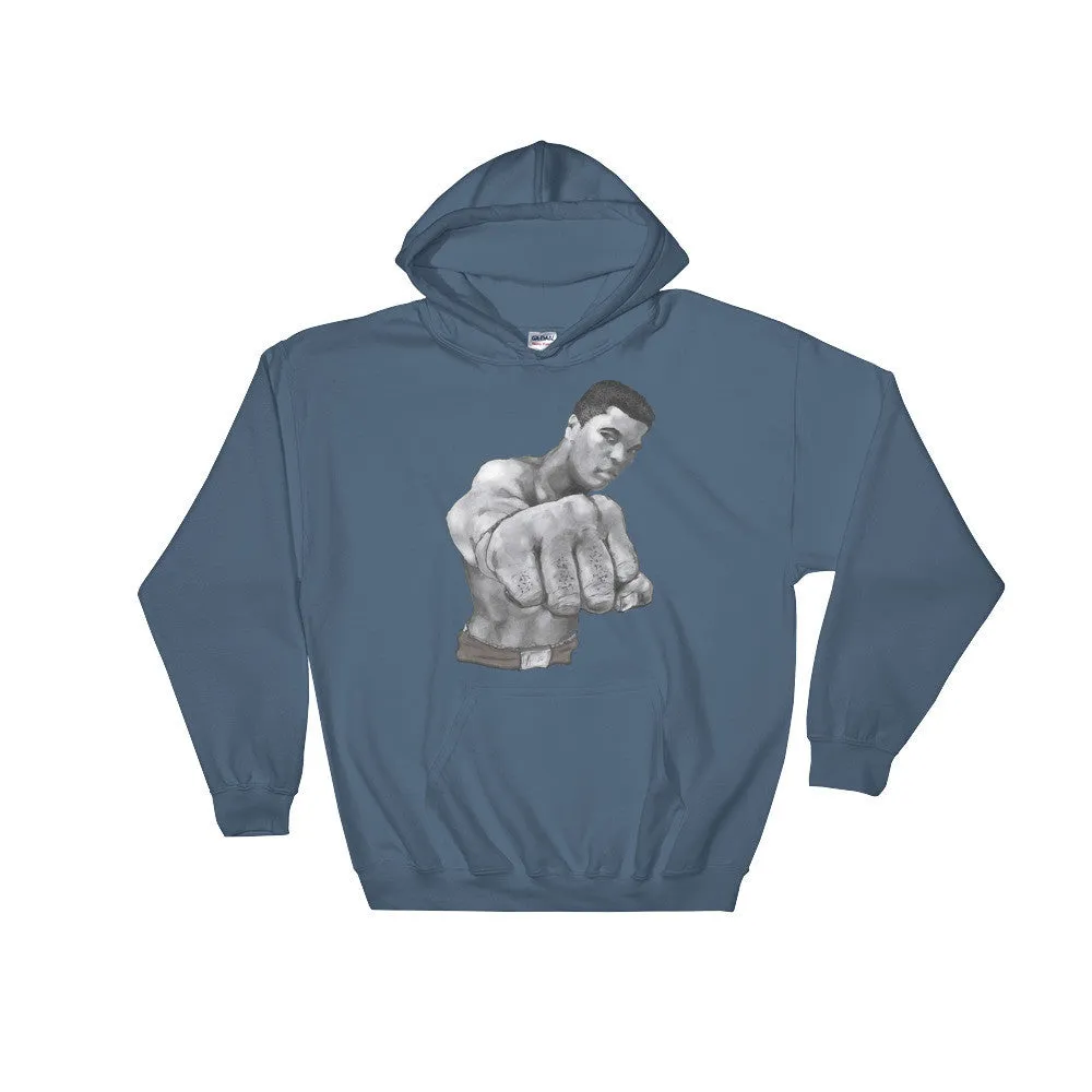 Mo Ali Fist Perspective Hooded Sweatshirt illustrated By Robert Bowen