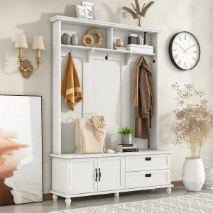 Modern Hall Tree: Storage Cabinet, Large Drawers, and 5 Coat Hooks for an Organized Mudroom in White