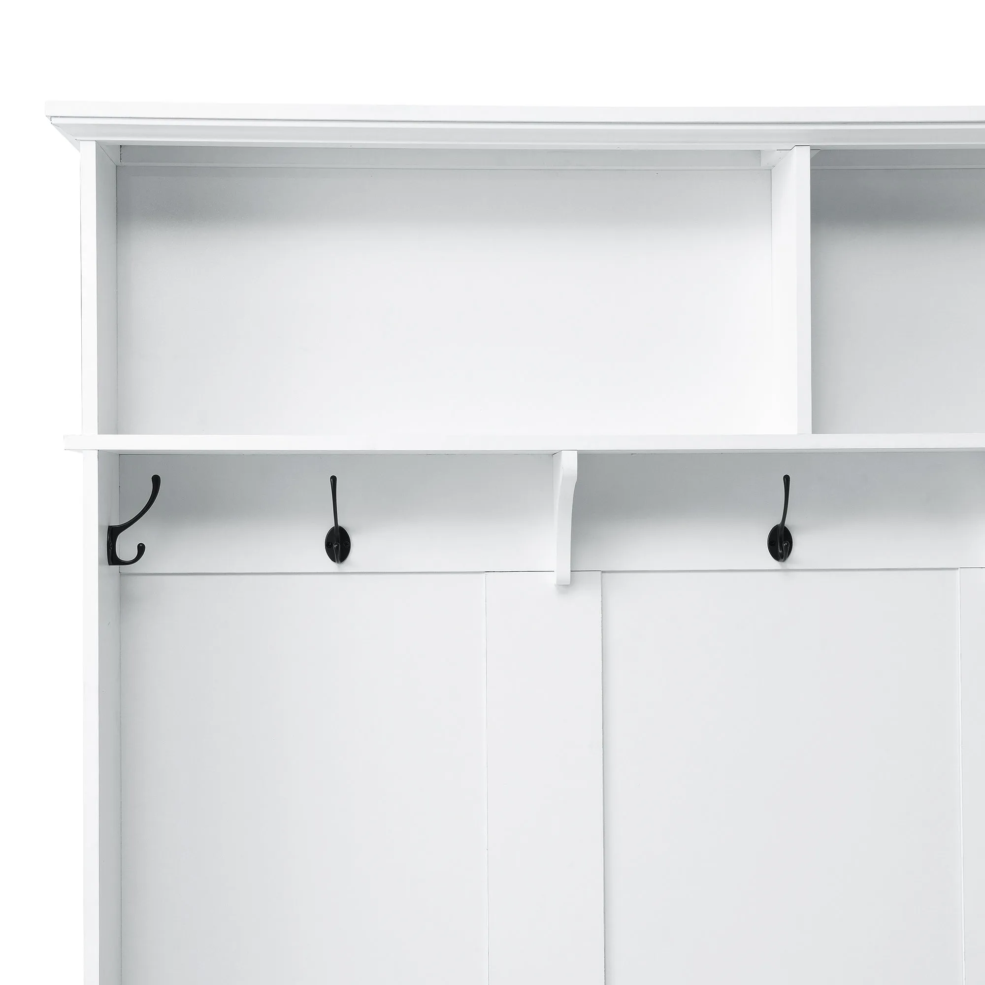 Modern Hall Tree: Storage Cabinet, Large Drawers, and 5 Coat Hooks for an Organized Mudroom in White