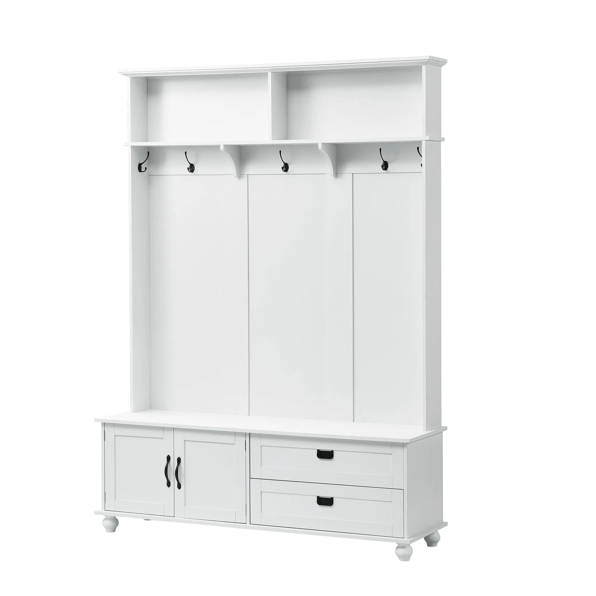 Modern Hall Tree: Storage Cabinet, Large Drawers, and 5 Coat Hooks for an Organized Mudroom in White