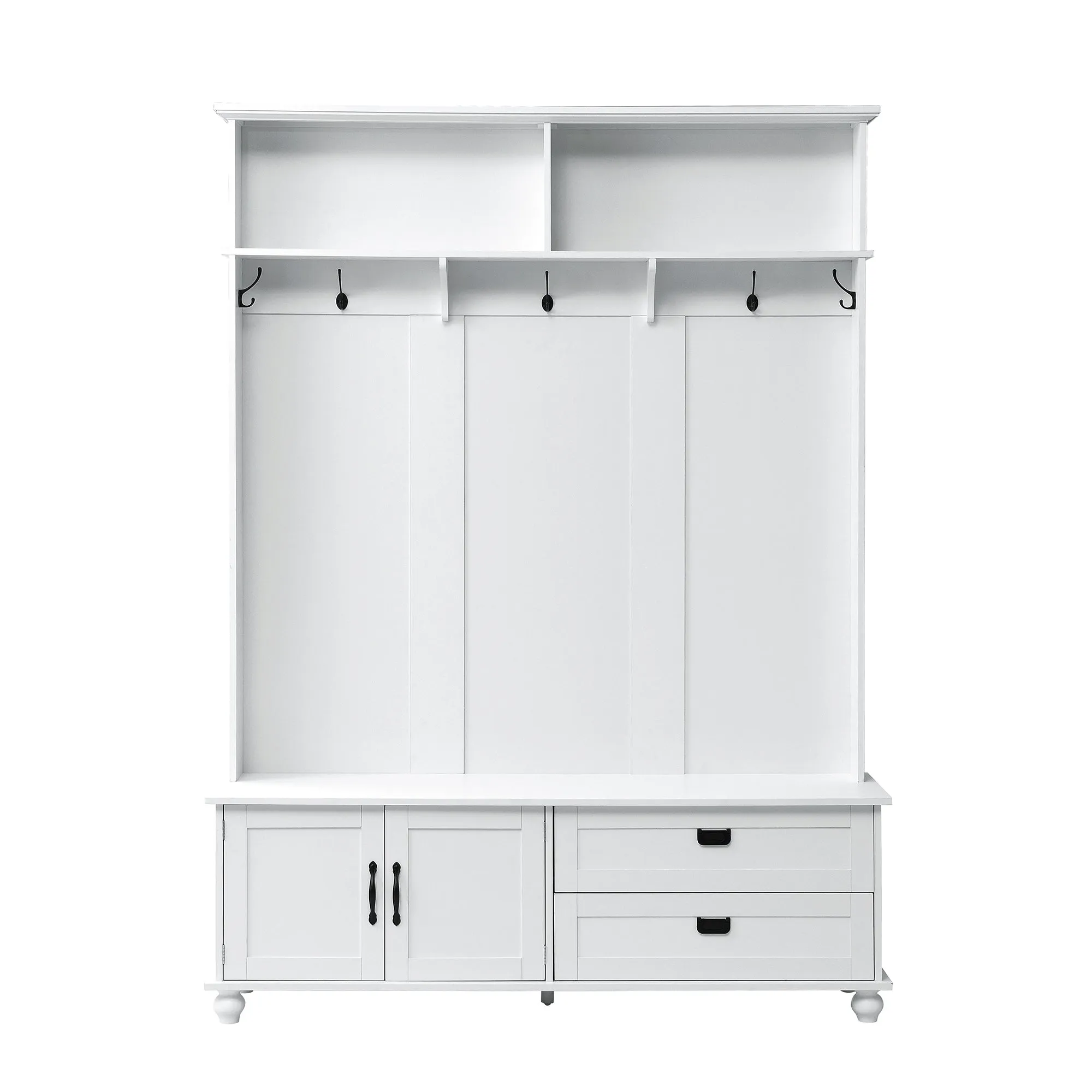 Modern Hall Tree: Storage Cabinet, Large Drawers, and 5 Coat Hooks for an Organized Mudroom in White