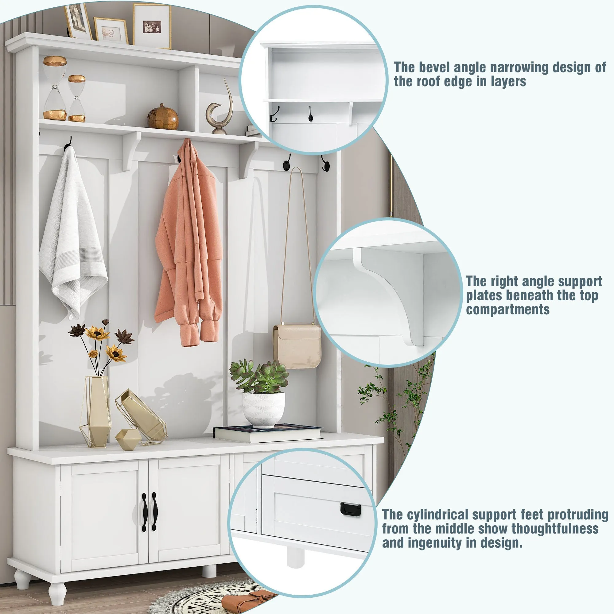 Modern Hall Tree: Storage Cabinet, Large Drawers, and 5 Coat Hooks for an Organized Mudroom in White