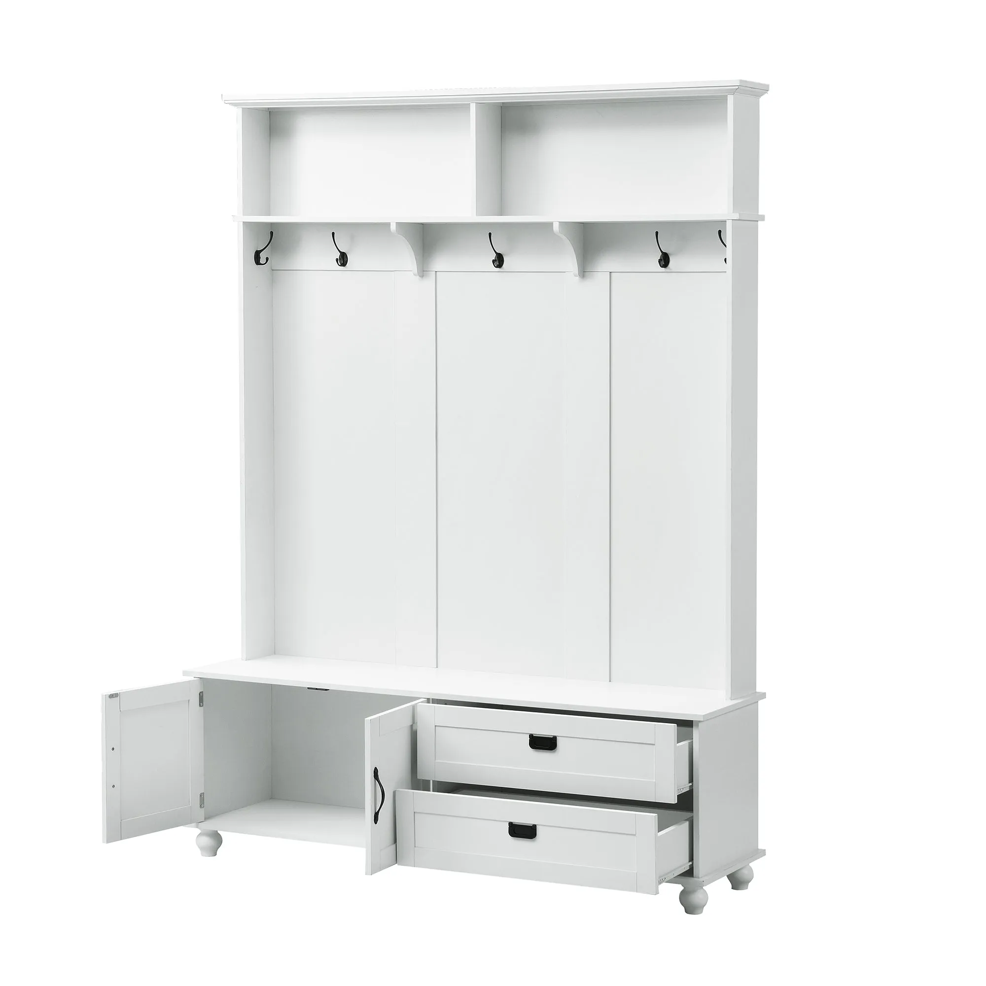 Modern Hall Tree: Storage Cabinet, Large Drawers, and 5 Coat Hooks for an Organized Mudroom in White