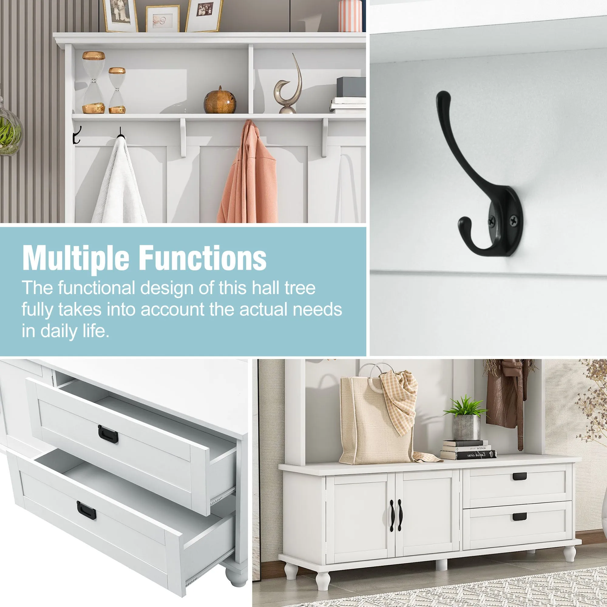 Modern Hall Tree: Storage Cabinet, Large Drawers, and 5 Coat Hooks for an Organized Mudroom in White