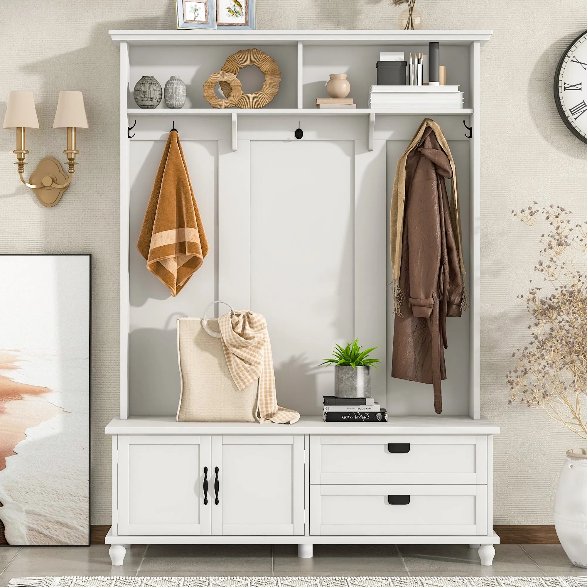 Modern Hall Tree: Storage Cabinet, Large Drawers, and 5 Coat Hooks for an Organized Mudroom in White